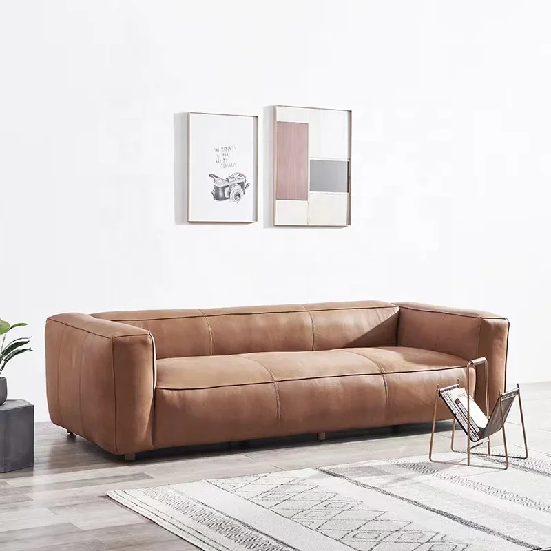 Nordic style retro leather simple living room sofa 3 seat space saving small apartment low back como sofa