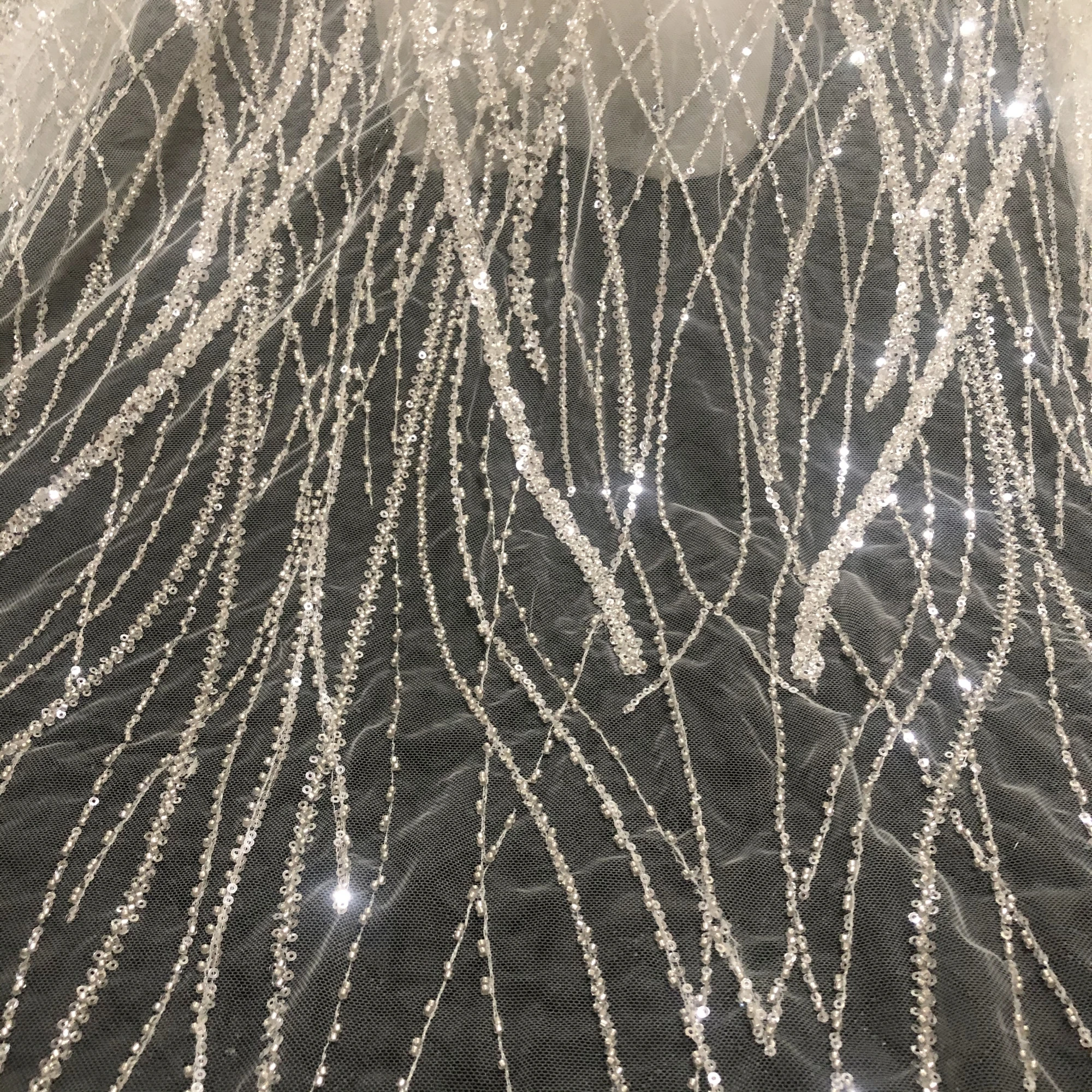 Line Sense Precision Silver Sequin Beads Embroidery Private Custom Wedding Evening Dress Lace Fabric