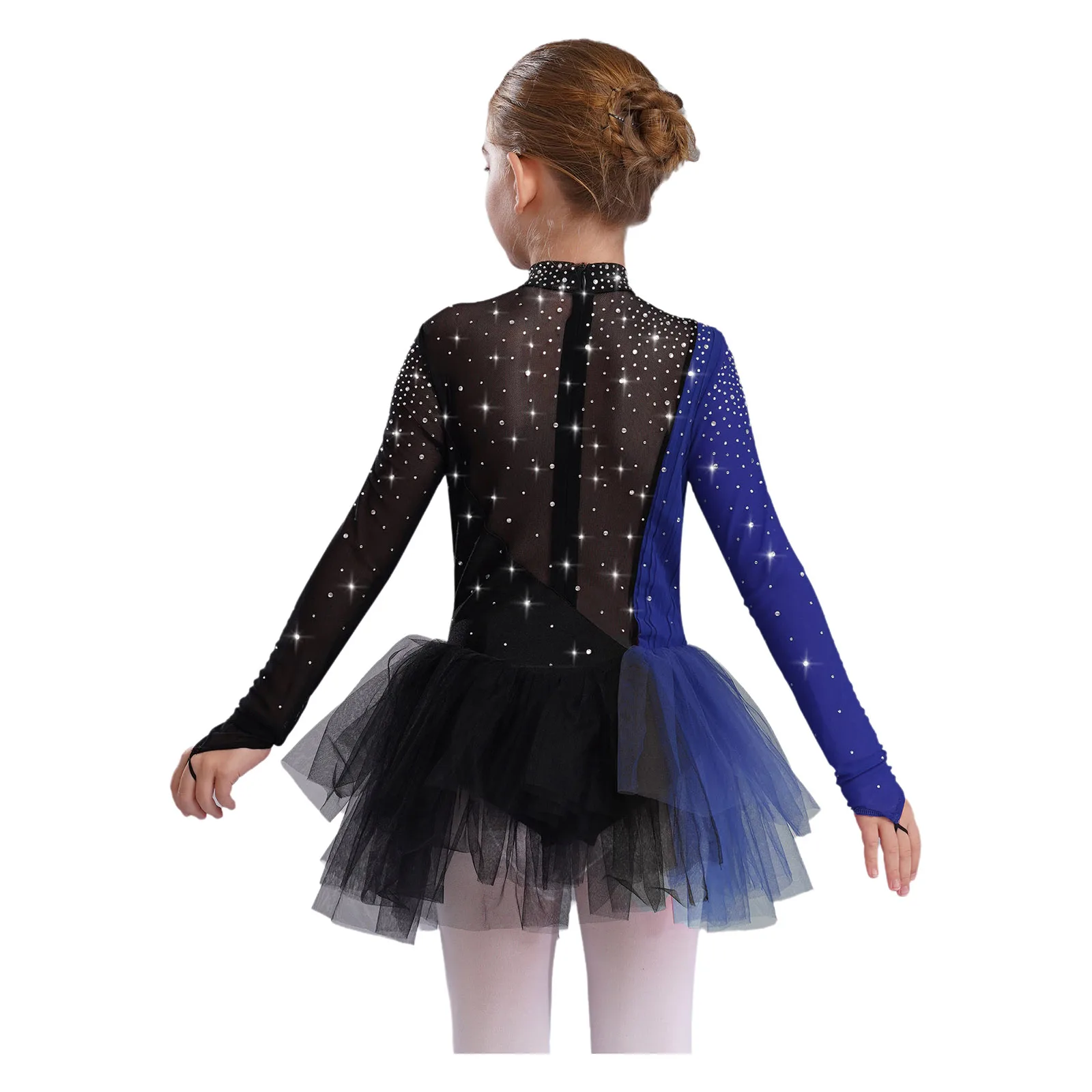 Meninas patinação artística vestido de dança ballet ginástica collant vestido mangas compridas strass malha tule vestido trajes desempenho