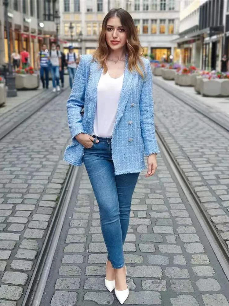 Tweed Women Elegant Blue Jacket 2023 Fashion Ladies Vintage Loose Stylish Jackets Casual Female Outerwear Girls Chic