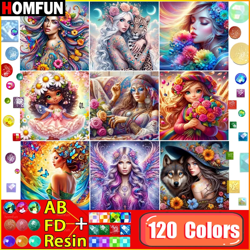 

HOMFUN 120 цветов алмазная живопись AB сказочная пыль смола 5D Diy вышивка крестиком "Девочки" домашний декор полная мозаика Алмазная вышивка