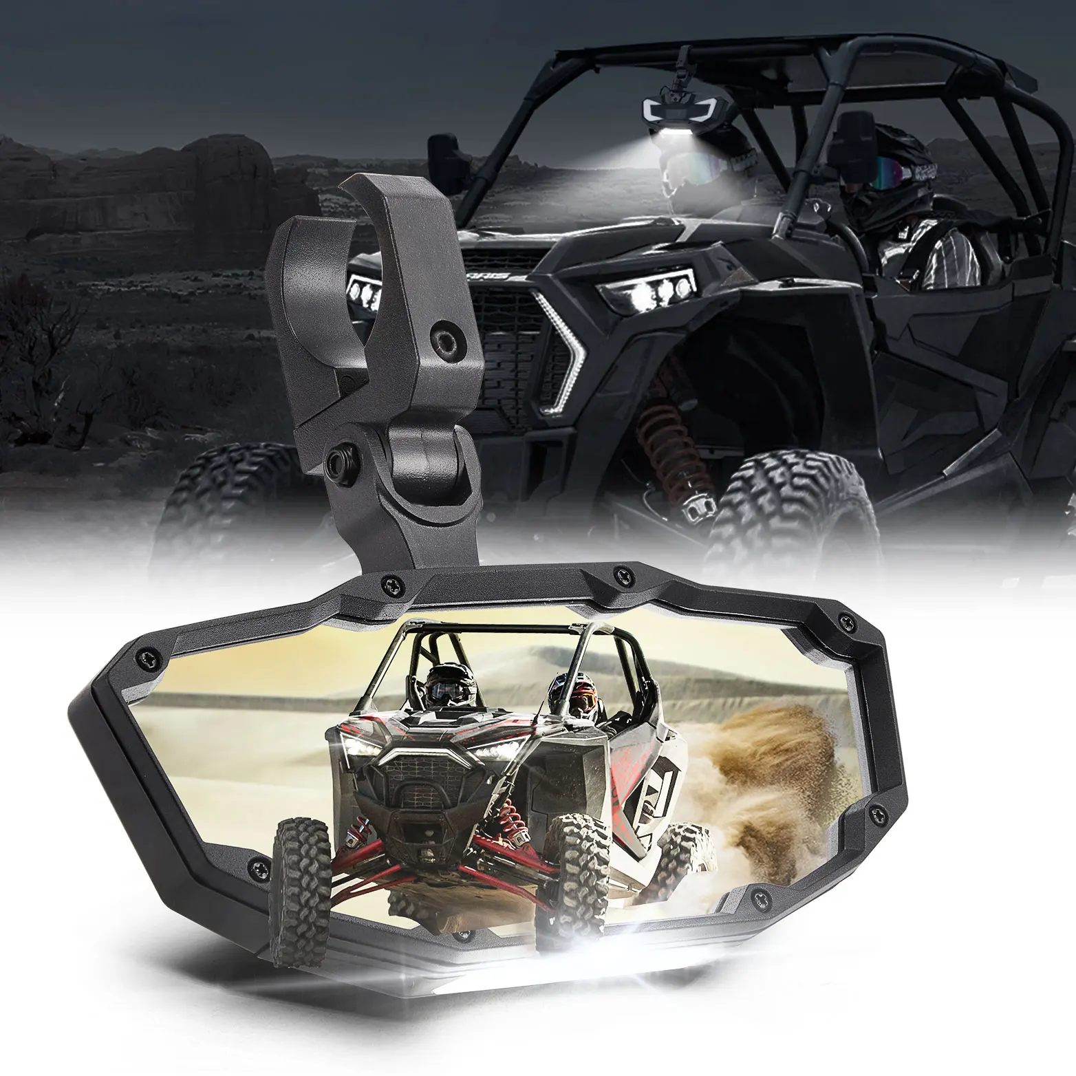 

UTV 360° Center Mirror w/ Light 1.5-2" Roll Bars Compatible with Polaris RZR for Can-am Maverick X3 for Cfmoto for John deere