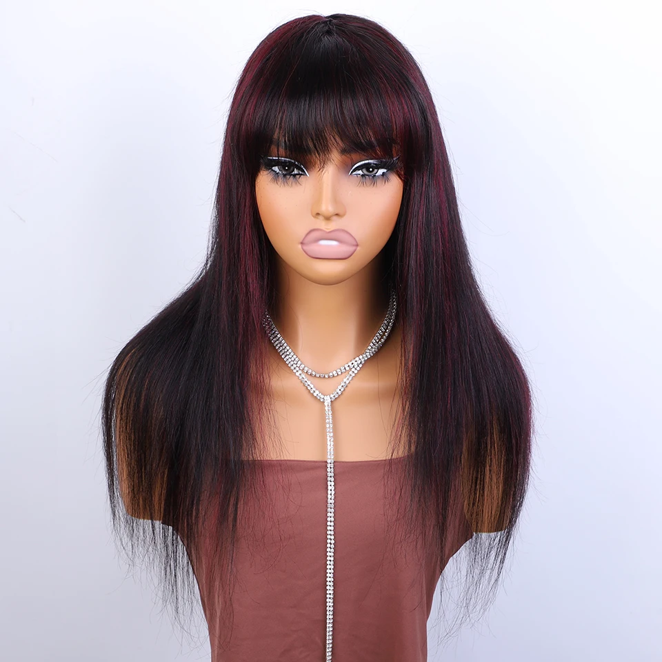 

F1B/99J Colored Human Hair Wigs For Women 22 Inch Straight Brazilian Hair Wigs With Bangs 100% Real Ready To Wear Colored Wigs