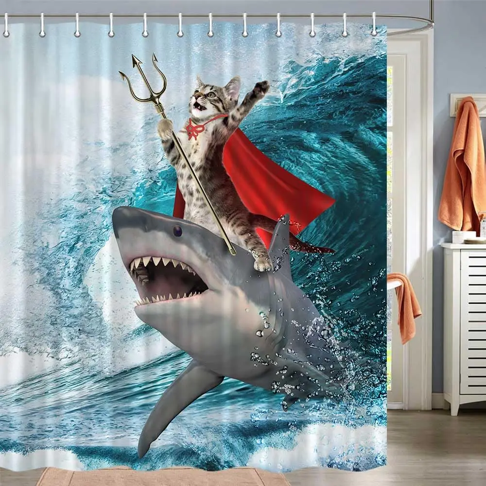 Funny Cat Shower Curtain Cool Pirate Riding Shark Surfing Nautical Ocean Waves Bathtub Curtains Waterproof Polyester Bathroom