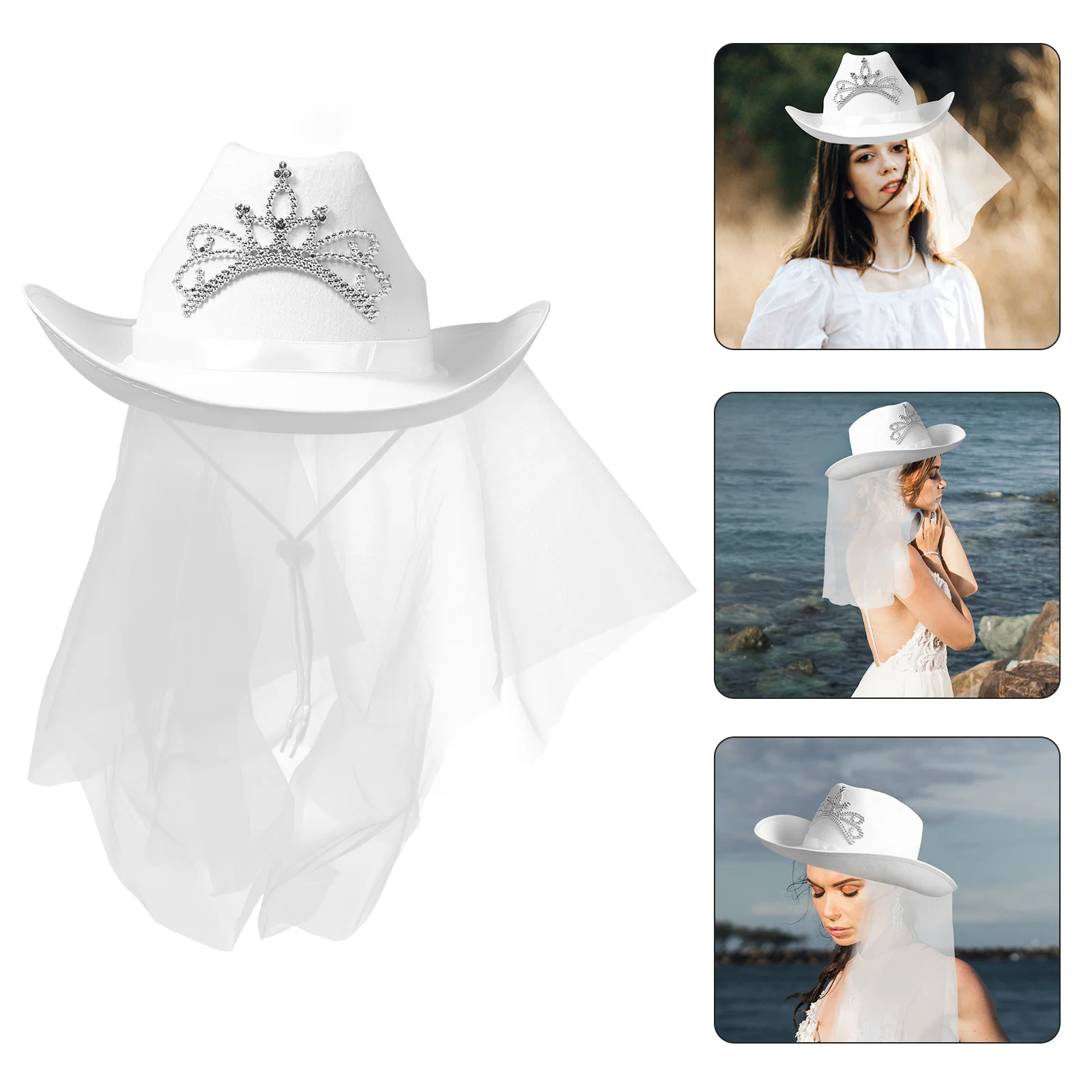 

Bride Cowgirl Hat White with Veil Decor Crown Detail Bachelorette Western Wedding Party Accessory Elegant Comfortable Fit