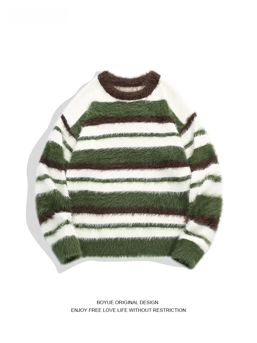 

Ретро-свитер BOYUE в полоску, повседневный корейский вязаный топ для пар, свободный крой, длинный рукав, круглый вырез, осенняя одежда