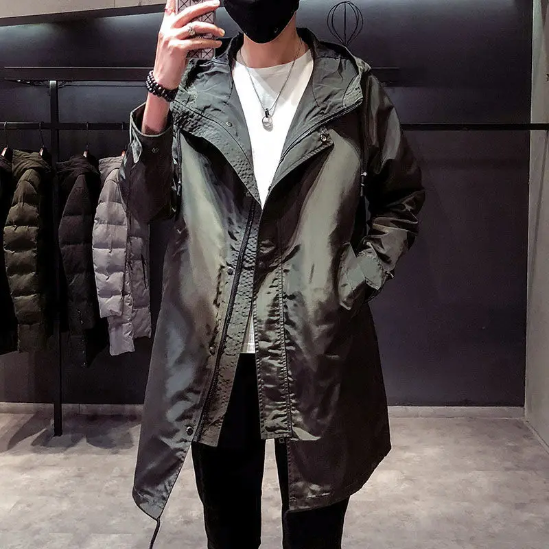 

New Men's Jacket Casual Trench Coat Spring and Fall Men's Korean Version Loose Mid Length Hooded Jacket