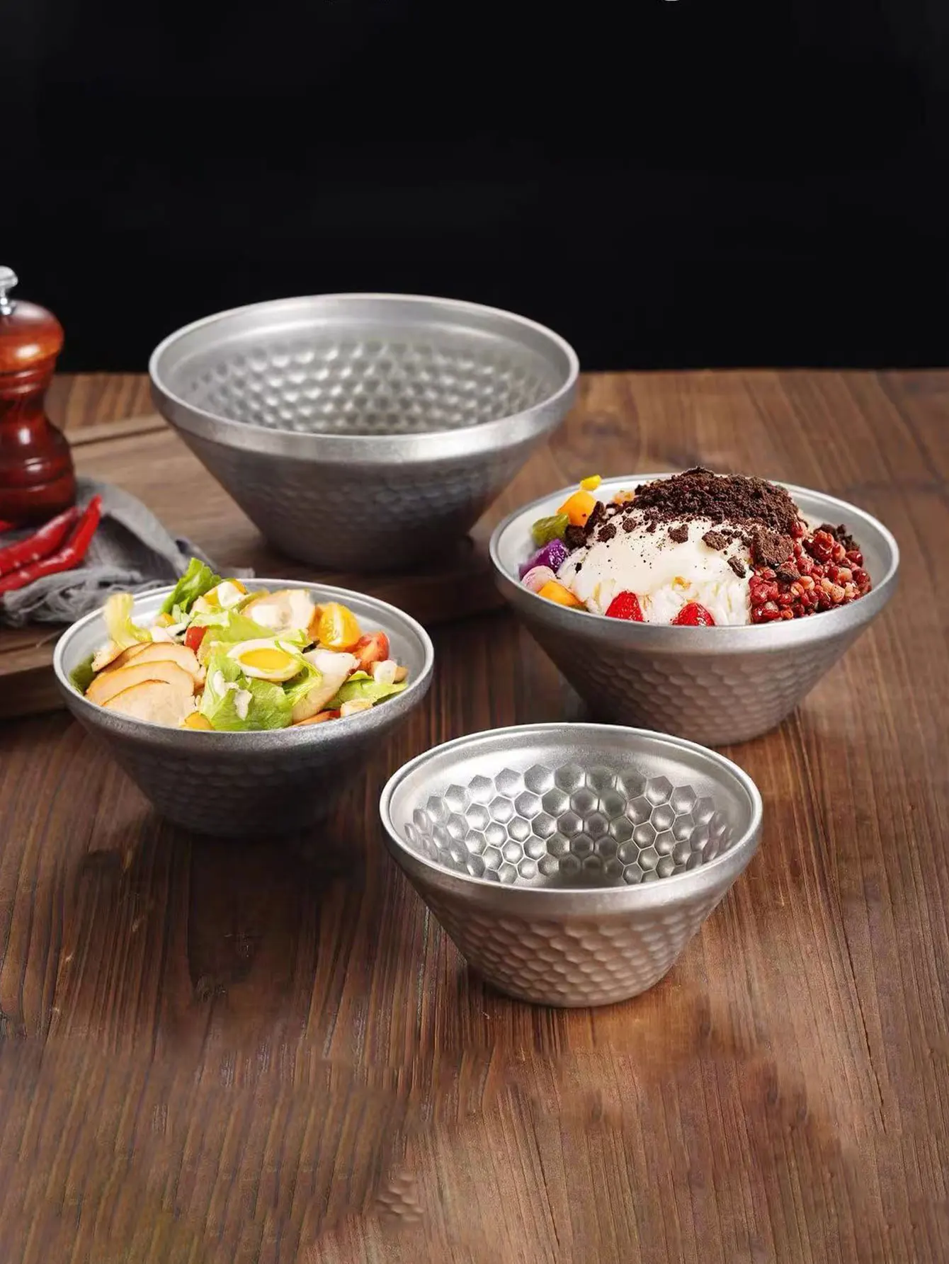 Retro 304 Stainless Steel V-Shaped Bowl, Salad Bowl, Hammered Bowl, Cold Noodle Bowl, Conical Bowl, Dessert Ice Bowl, Shaved Ice Bowl, 1 Piece