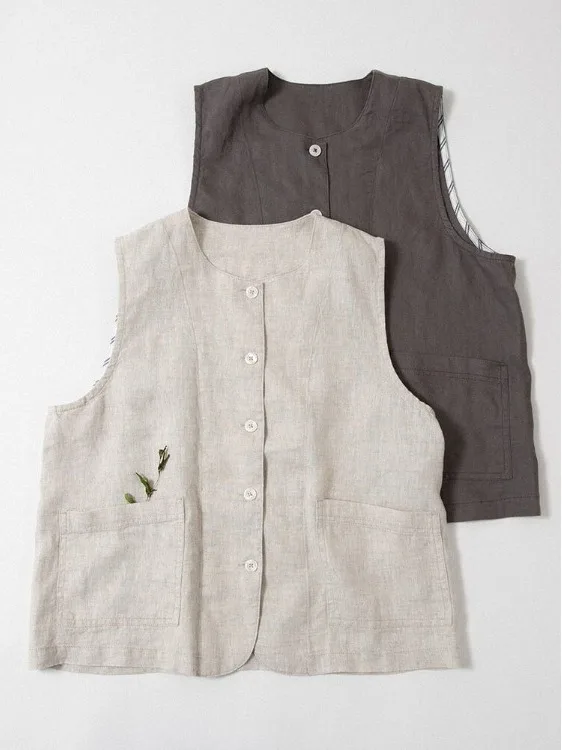 Artistic Simple Large Size Women's Vest Pure Color Linen Svel round Ne Double ket Loose Casual oulder Pad