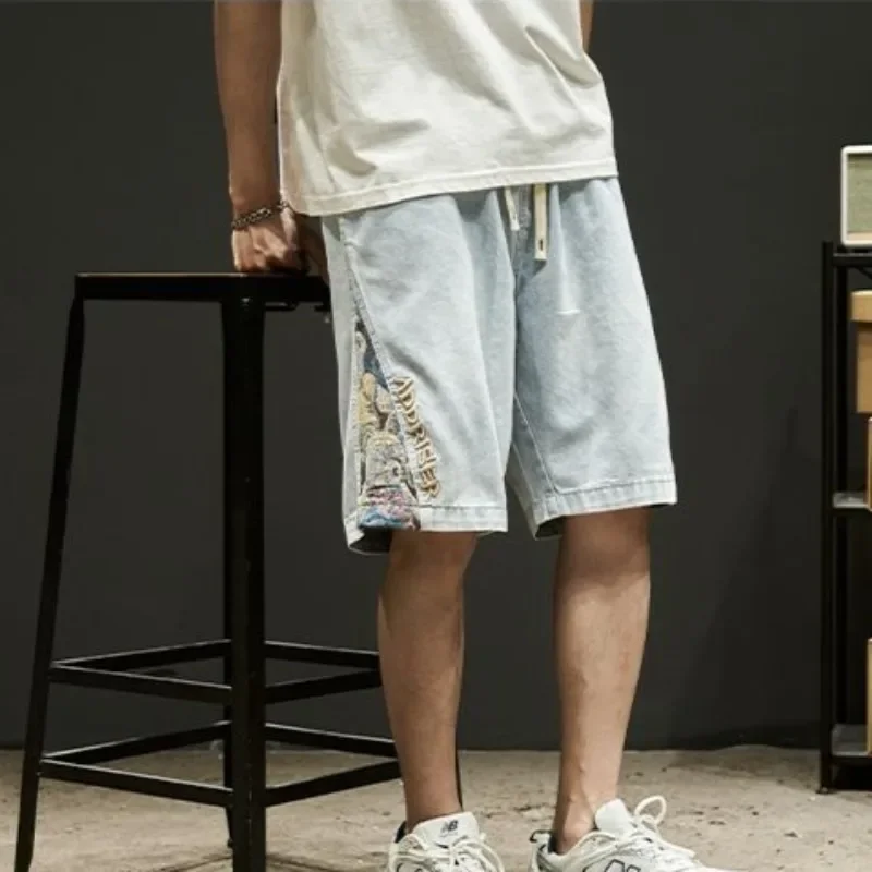 

Bermuda With Pockets Half Short Jeans Pants for Men Loose Baggy Wide Man Denim Shorts Drawstring Long Rude Designer Blue Buttons