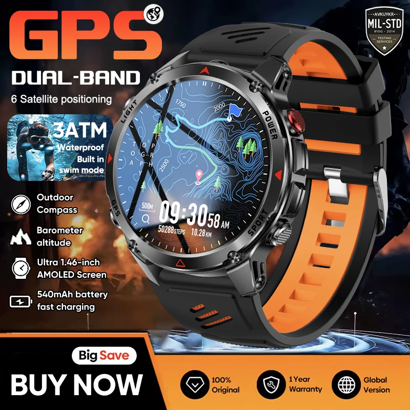 

Новинка 2025 года, двухдиапазонные спортивные умные часы с GPS в стиле милитари, встроенный компас GNSS, альтиметр, 1,46 дюйма, водонепроницаемые умные часы AMOLED 3ATM