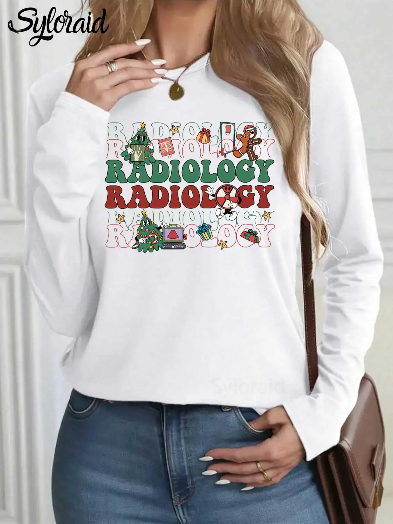 レディース長袖Tシャツ 放射線科 クリスマス X線技術者プリントTシャツ ファッション ラウンドネック カジュアルトップ