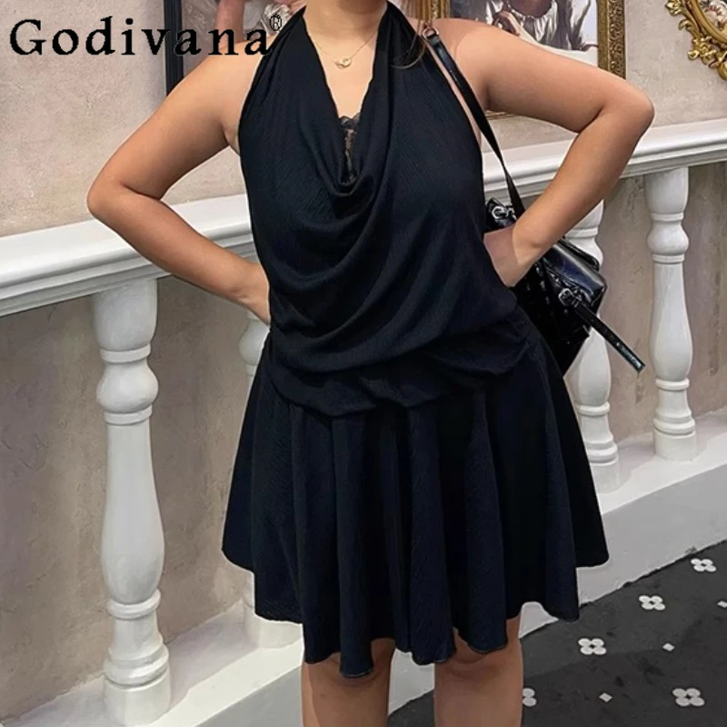

Women's Summer Slim Body Hollow Temperament V-neck Sleeveless Dress A-line High Waist Sexy Street Black Lace Halter Neck Dresses