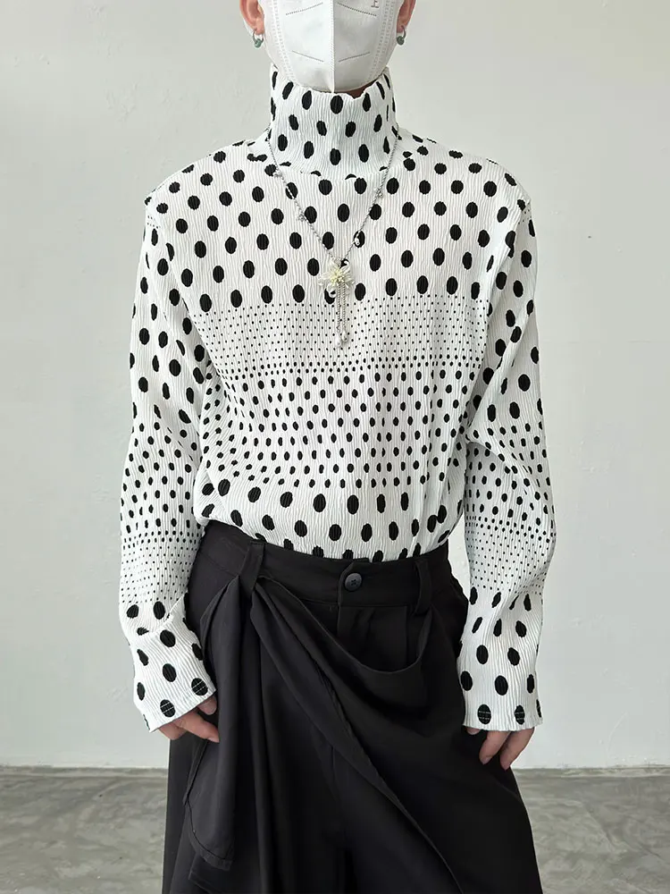 BKYC Autumn Winter High Collar Pleated Long Sleeve T-Shirt Men's Fashionable Inner Wear Base Shirt Ink Dot Print Polyester