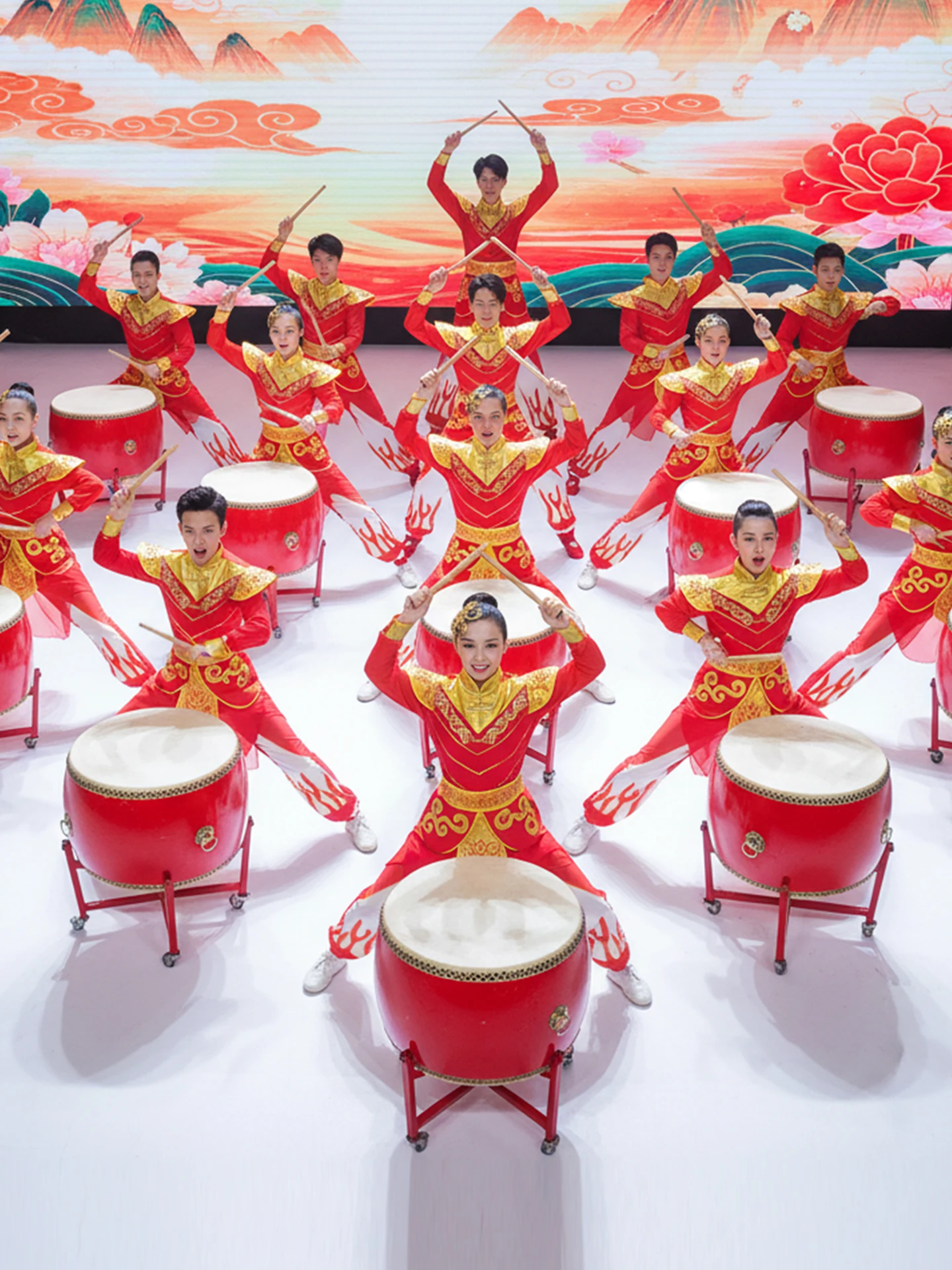 

New 2025 Adult Men's Drum Performance Costume Festive Dragon Dance Waist Drumming Outfit Polyester Stage Ethnic T Top Skirt