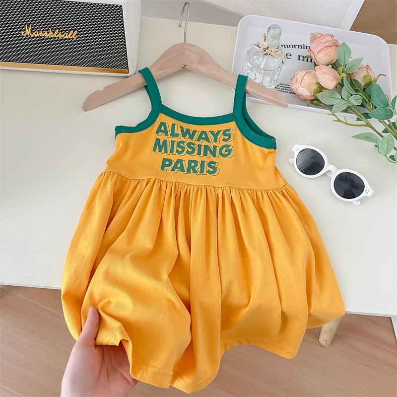 Girls' Dress2024New Summer Children's Fashionable Sports Princess Dress Baby Girl Pleated Skirt Halter Skirt