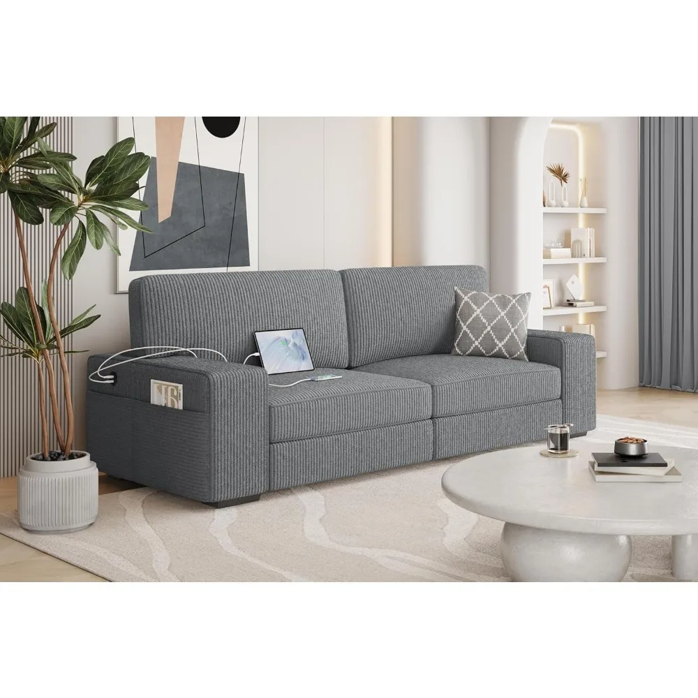 83.5-inch Wide Modern Sofa Bed, Corduroy Fabric Sofa, with USB Charging Port and Side Storage Bag