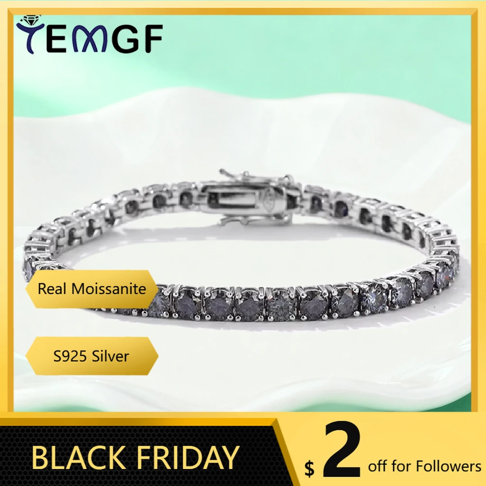 

TEMGF Full Gray Moissanite Tennis Bracelets GRA Certified S925 Sterling Silver Fine Jewelry for Women Men Hip Hop Fashion Item