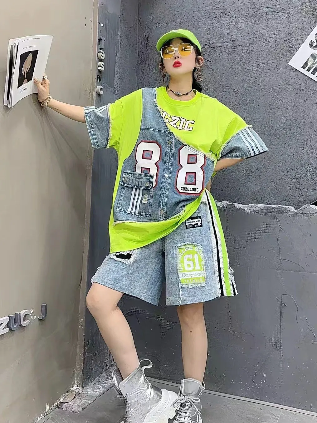 

Summer New Women's T-shirt Denim Patchwork Print Design Loose Short Sleeve Fashionable Cotton Blend round Neck Commute Style
