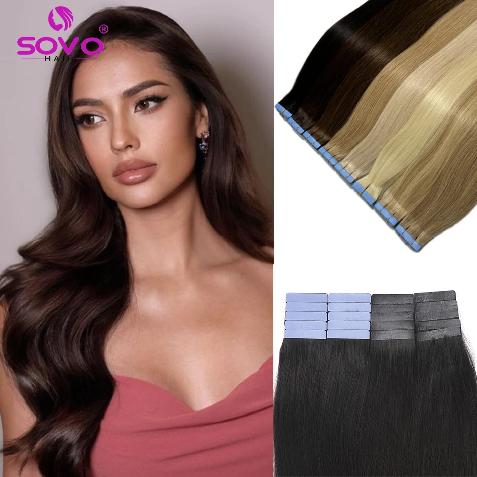 SOVO-Extensiones de Cabello 100% humano, cabello Natural Real, adhesivos de trama de piel rubia recta europea, extensión de cabello Remy