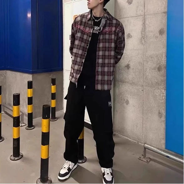 

New American Retro Letter Embroidered Long-sleeved Shirt Men in Spring and Autumn Men's Casual Checkered Shirt Thin Top