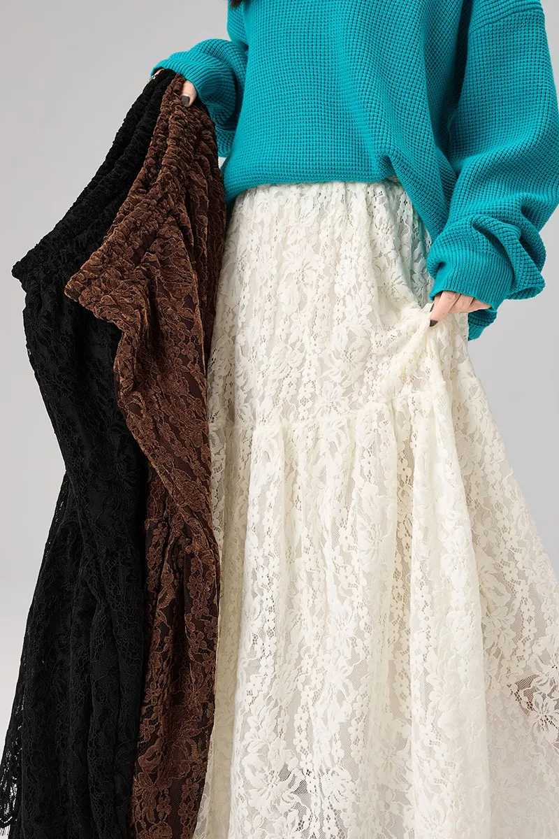 Y2K Lace Skirt Women Crochet Patchwork High Waist A Line Midi Swing Skirt Autumn Winter Slimming