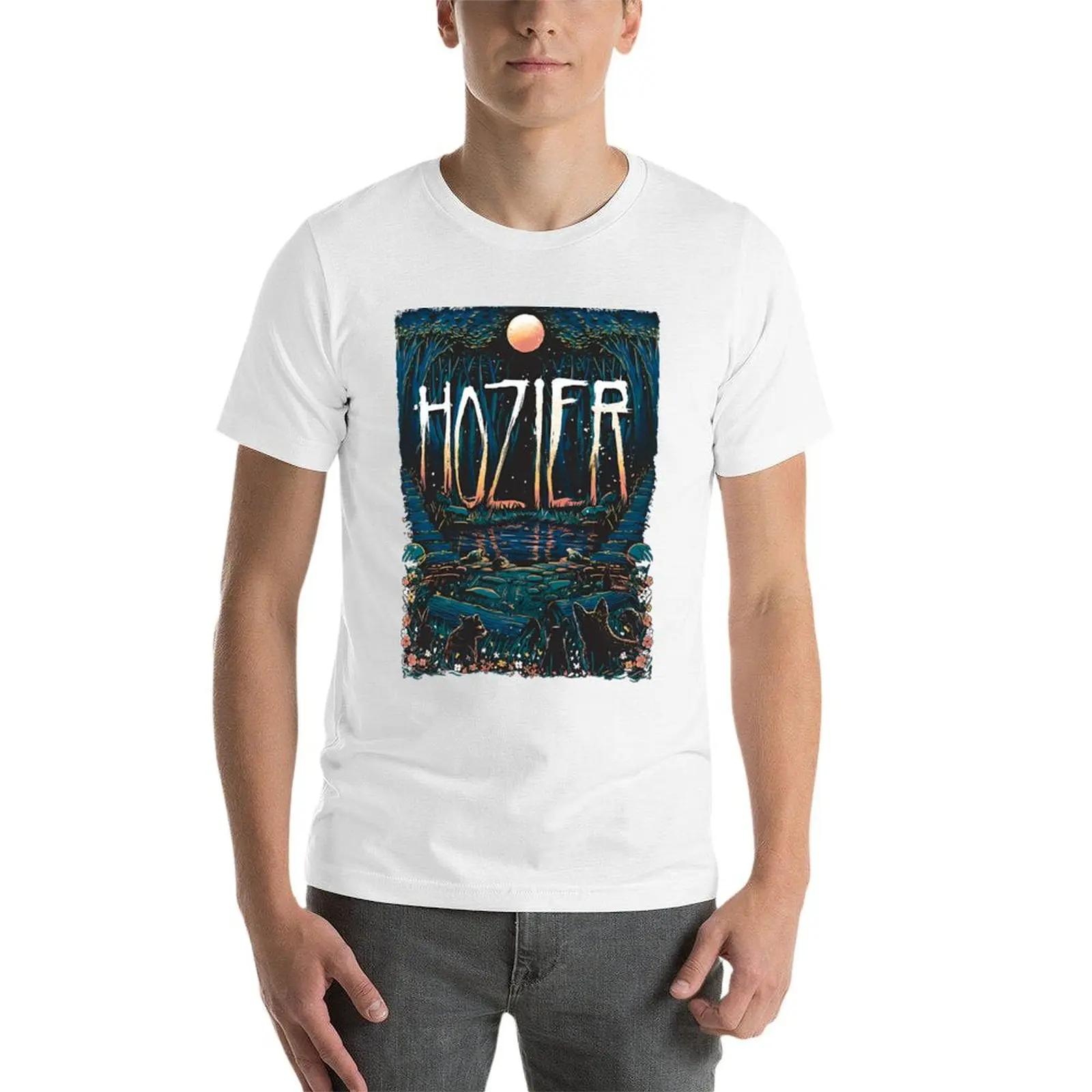 غير رسمي غير واقعية Unearth Hozier مستوحاة حيوانات الغابات والبركة المشهد الليلي تي شيرت رجل تي شيرت للرجال تي شيرت غير رسمي