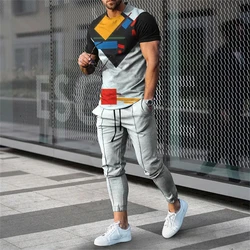 Fashion Colorful Blocks 3D Print Men Sportswear Set Short-Sleeved T Shirt Pants 2-Piece Set Oversized Pullover Men Clothing