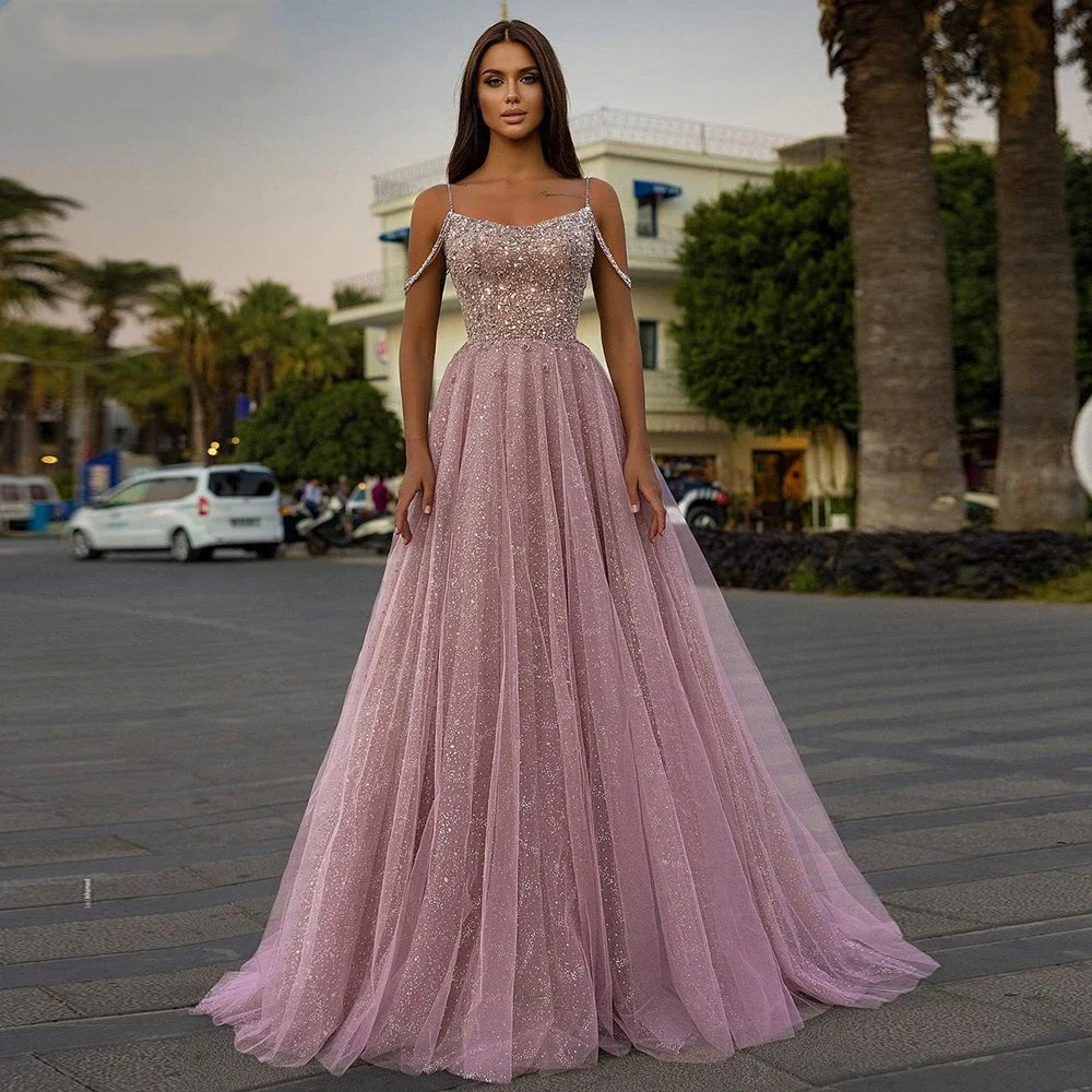 

Elegant Italian Pink Sequins A-line Prom Evening Gowns Sweetheart Lace Crystal Sticker Diamond Formal Birthday Party Dresses