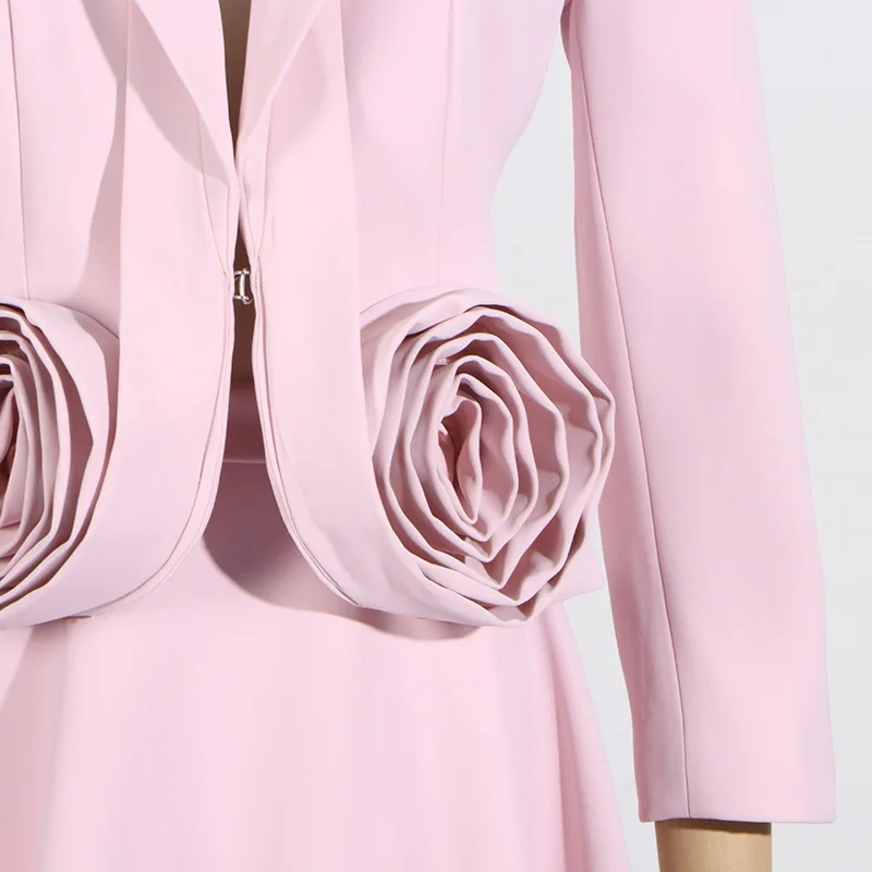 Chaqueta de manga larga con cuello en V para mujer, traje rosa de 1 pieza, chaqueta de diseñador, flor 3D, ropa de trabajo Formal para dama de oficina, abrigo Sexy