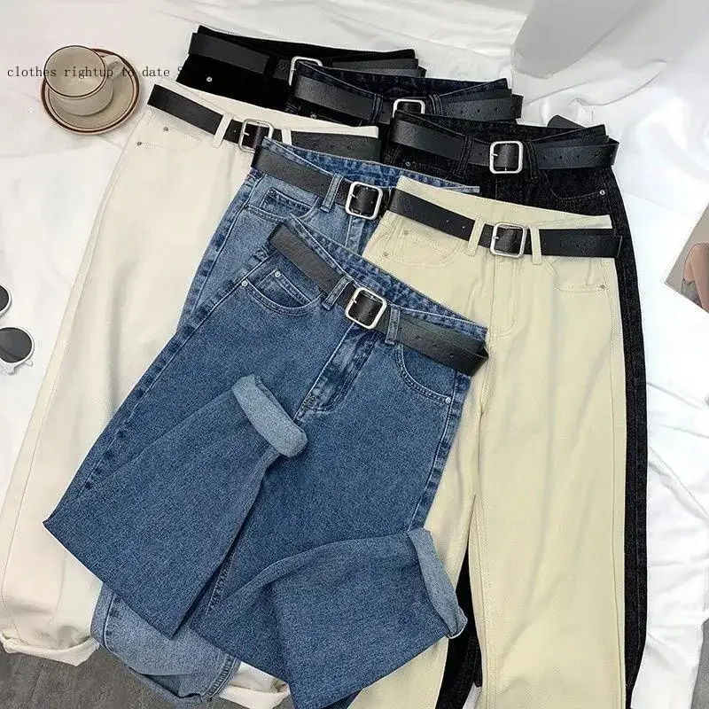 Pantalones vaqueros holgados para Mujer, Jeans Retro Vintage rectos de cintura alta, Jeans de mezclilla con cinturón para novio, mamá, calle