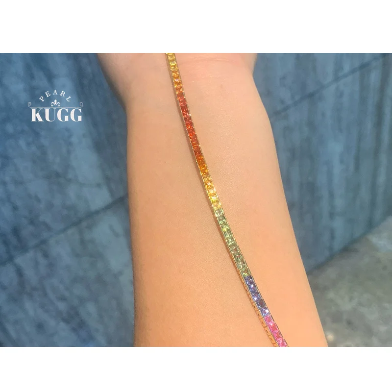 KUGG 100% 18K Yellow Gold Bracelet Luxury Rainbow Design Natural Color Sapphire Bracelet for Women High Party Jewelry