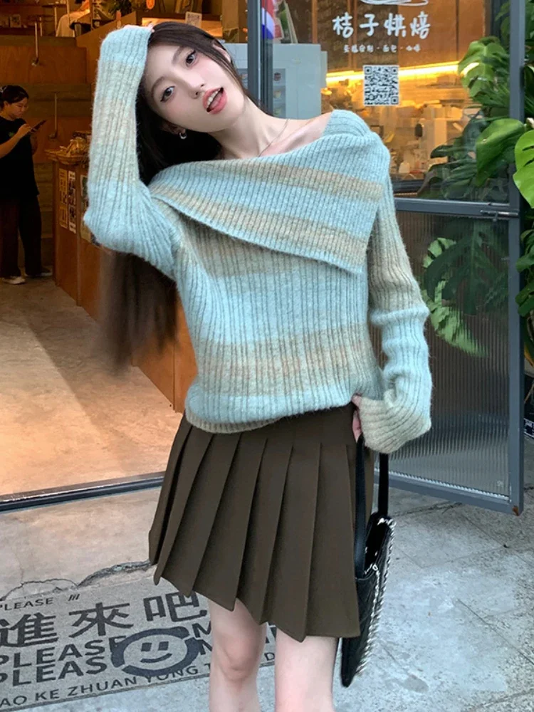 

Slash Neck Temperament Sweater for Women 2023 Ropa Mujer Fashion Contrast Color Jumper Pull Femme Knitted Loose Pullovers Tops