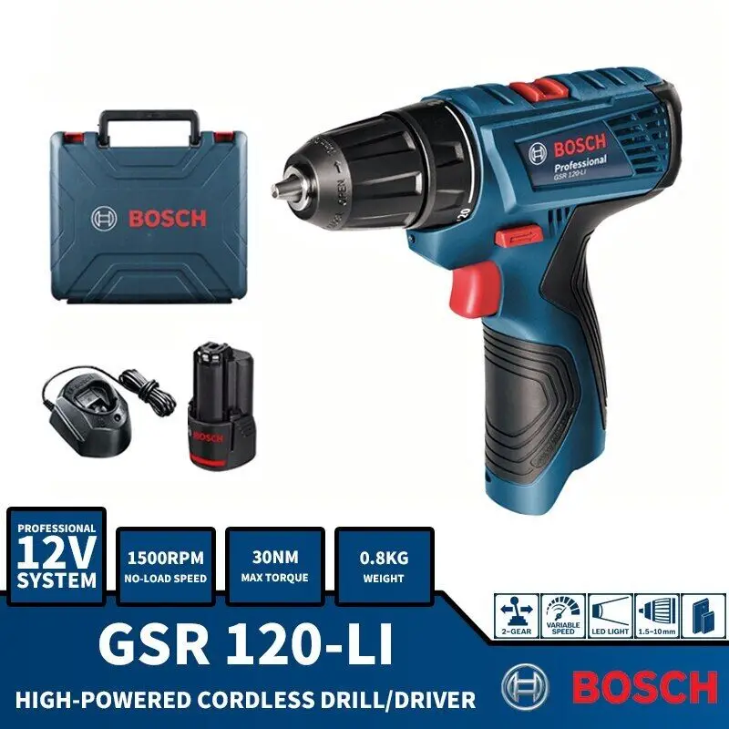 Bosch-Chave de fenda sem fio GSR 120-LI, furadeira elétrica profissional, ferramentas elétricas, rotação reversa dianteira, torque de 20 níveis