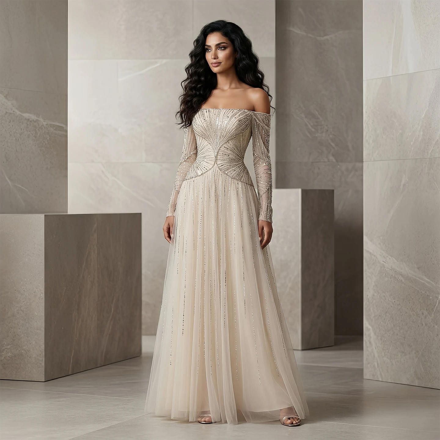 Sharon Said Luxury Beaded A Line Evening Dresses Off Shoulder Long Sleeve Formal Occasion Party Gowns for Women SS507 Customized