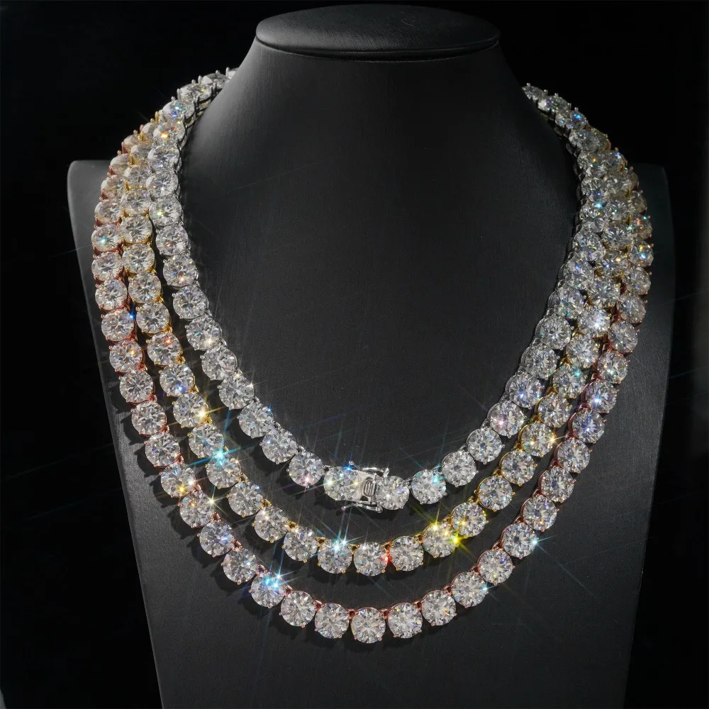 

Hiphop 10mm D Color Moissanite Tennis Chain Necklace 925 Sterling Silver Men Rock Jewelry Iced Mosan Diamond Link Necklaces Gift