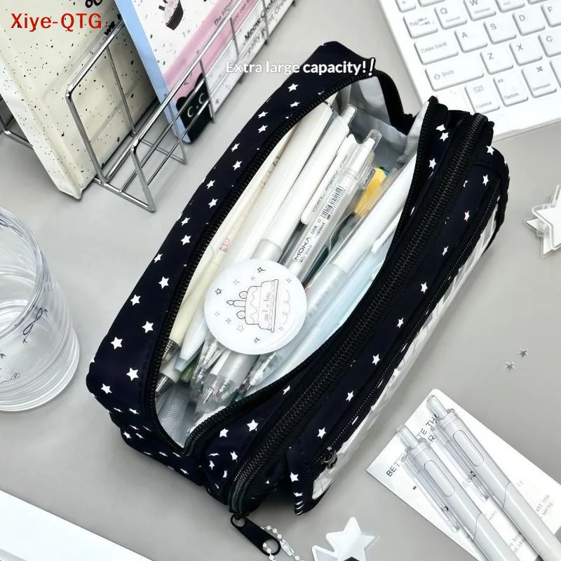 *1Pc Kawaii Star Piano Keyboard Print Pencil Case Large Capacity With Clear Window Pen Bag Multi-Layer Stationery Pouch Students