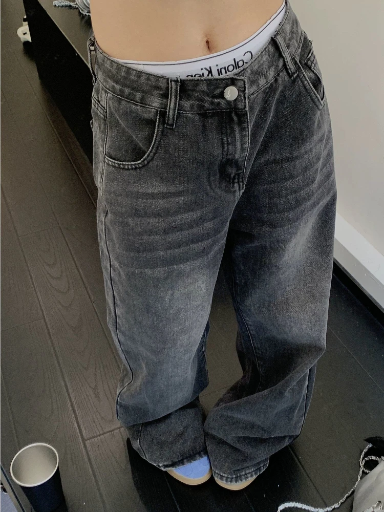 

HOUZHOU Vintage Y2k Distressed Jeans Women Gothic High Street Baggy Denim Trousers Punk Casual Straight Oversized Denim Pants