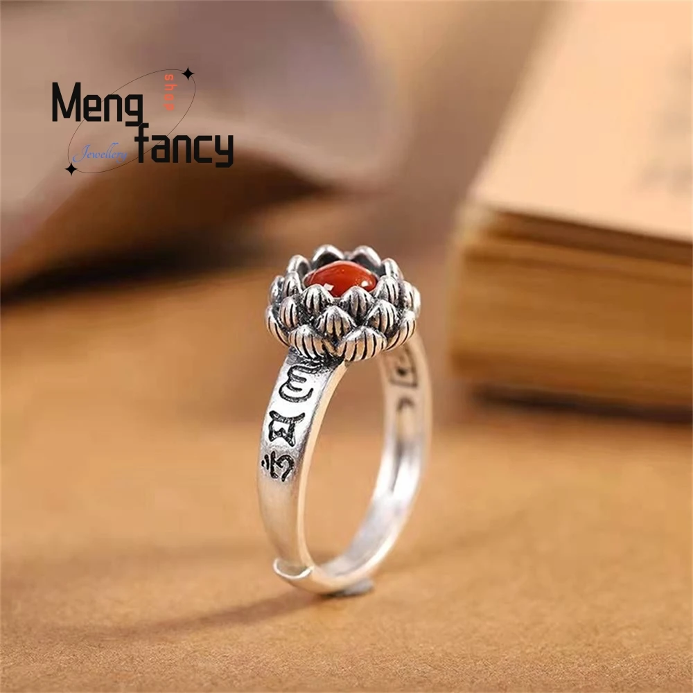 

Six - Character Mantra Of Silver And Red Lotus Brings Wealth And Good Fortune Ring, A Niche Opening, Is A Retro Chinese Trend
