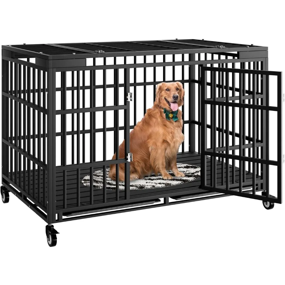 

Heavy Duty Dog Crate with Wheels,Indestructible Escape-Proof Dog Kennel with Locking Latch and Double Door,with Removable Tray