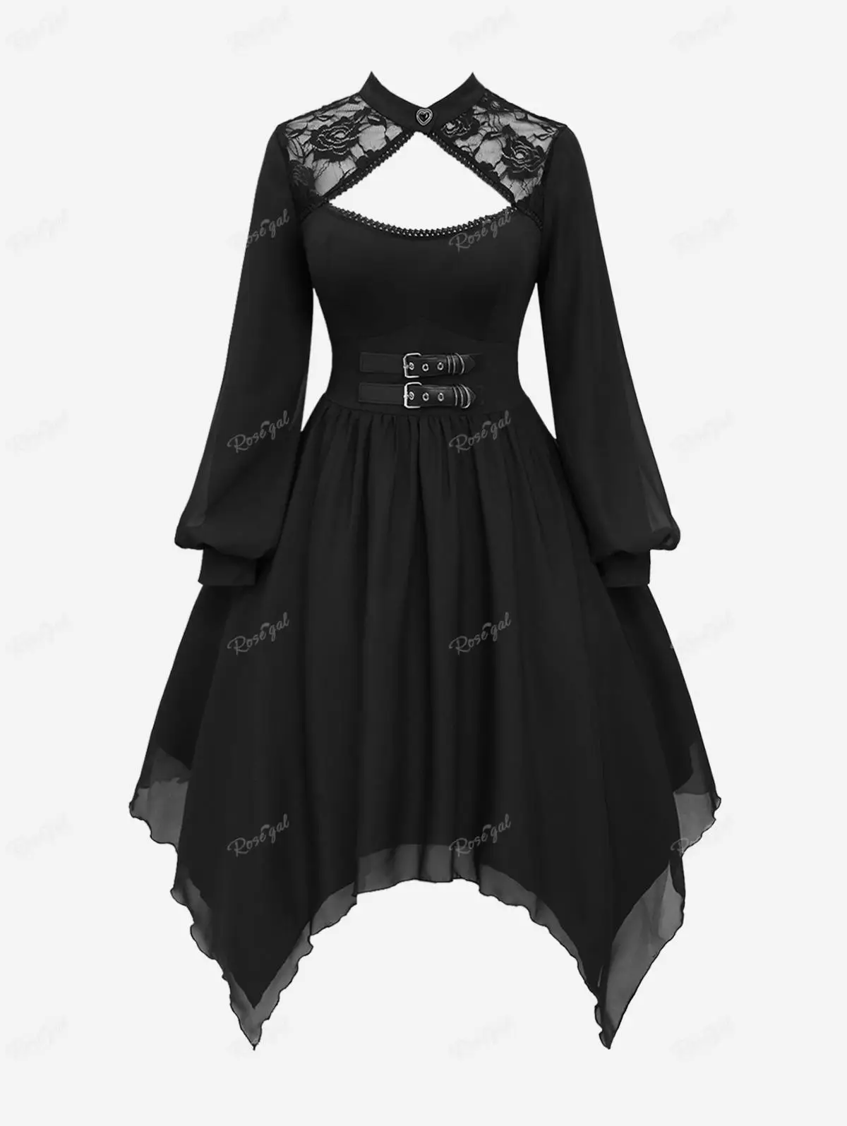 Rosegal Gothic Lace Panel Ausschnitt Schnalle Kleid schwarz elegant geschichtet Chiffon Taschentuch Kleider 2023 neue Herbst Winter Vestidos