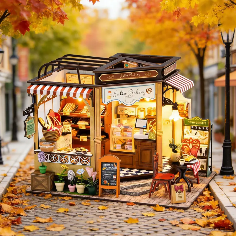 Kit de Casa de Muñecas Julia Bakery con Luces LED, Miniatura de Panadería de Madera 3D, Manualidad Hecha a Mano, Regalo para Niños y Adultos Amantes de la Lectura