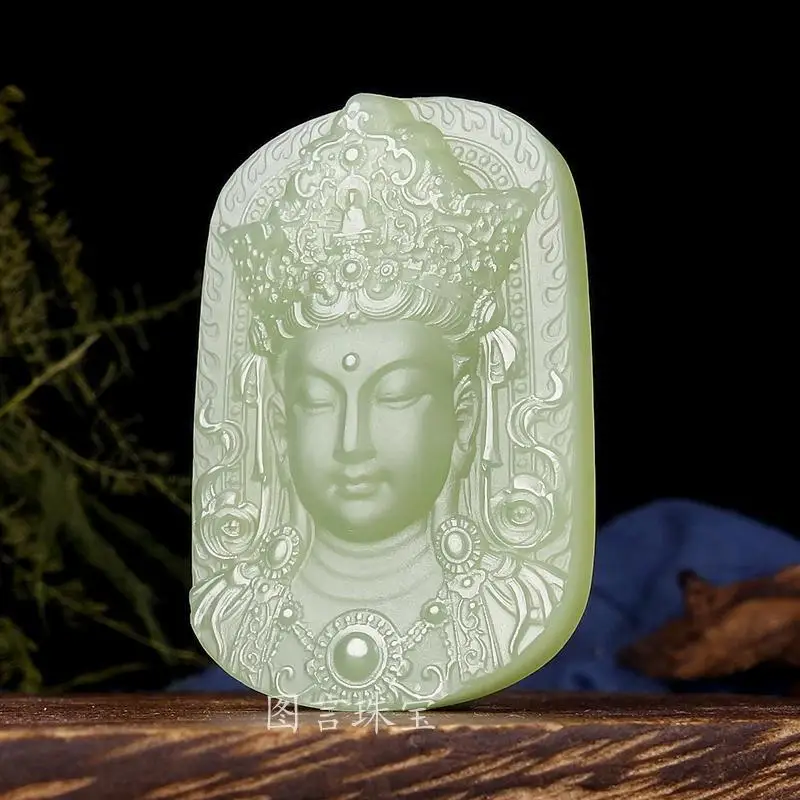 Natural Hetian Jade Guanyin Pendant Necklace, Handmade Double-Sided, Men'S Fashion Versatile Accessory