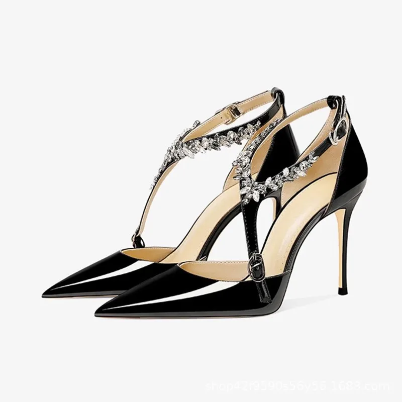 

Patent Leather Rhinestone High Heels Pointed-Toe Stiletto Buckle Shoes Plus-Size Versatile Sandals Sandalias Mujer Verano