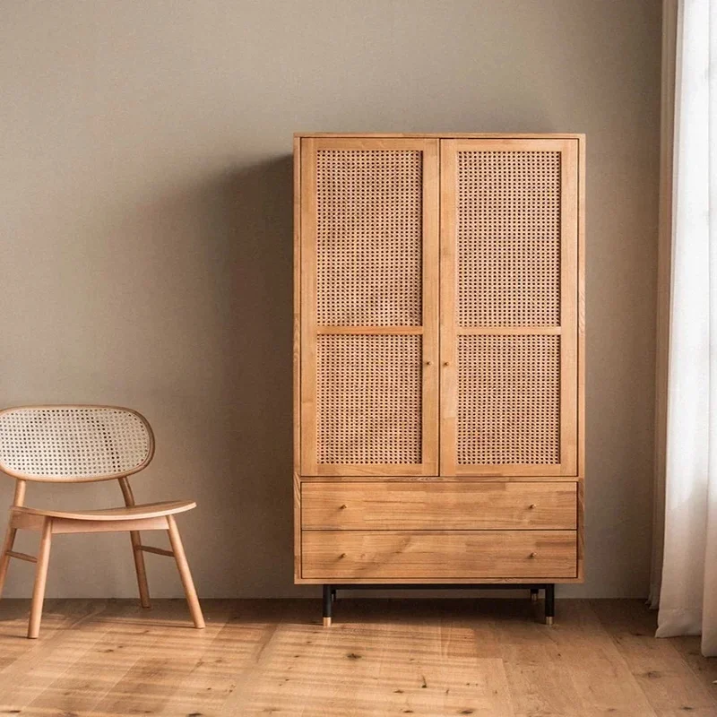 Rattan Solid Wood Wardrobe Bedroom Cabinet Storage Locker Double Door Hanging Wardrobe Storage Armario Bebe Armario Pasillo image 4
