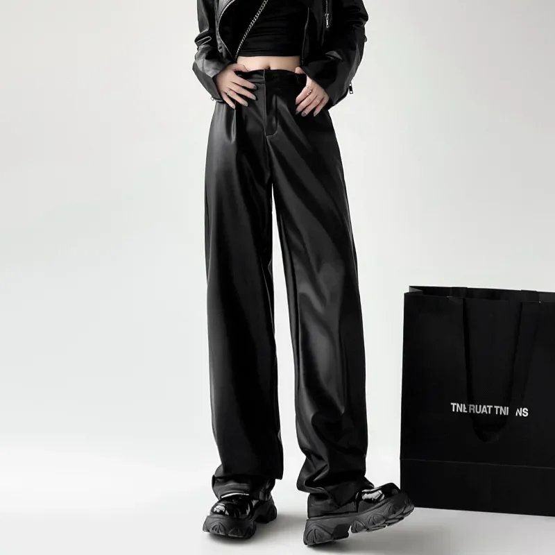Straight Leather Pants Women High Waist PU Leather Trousers Baggy Black Female Streetwear Clothing New Fashion Ladies Korean Y2k