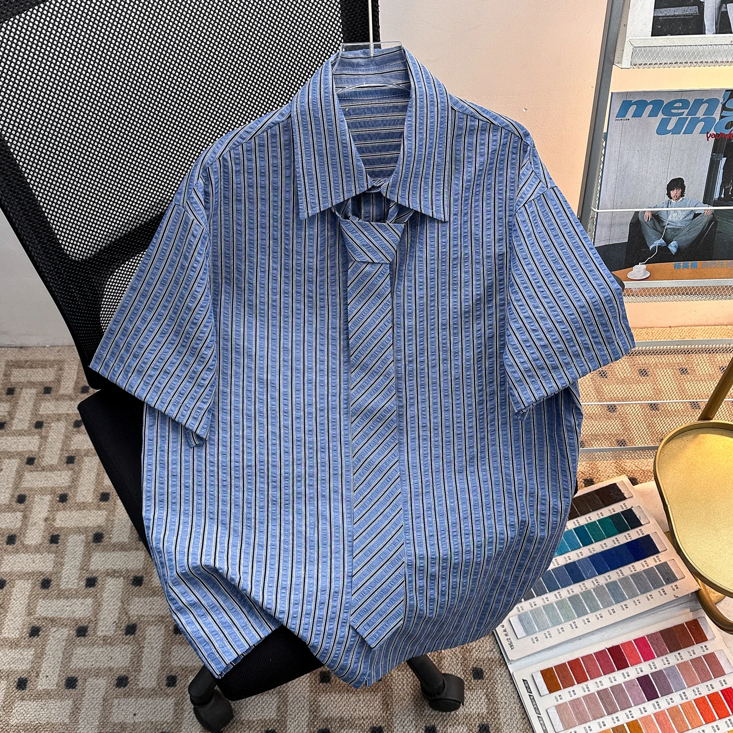 

Cityboy Summer Stripe Short Sleeve Shirt Unisex Casual Style College Wind DK Uniform Tie Coat Lightweight Breathable Cotton