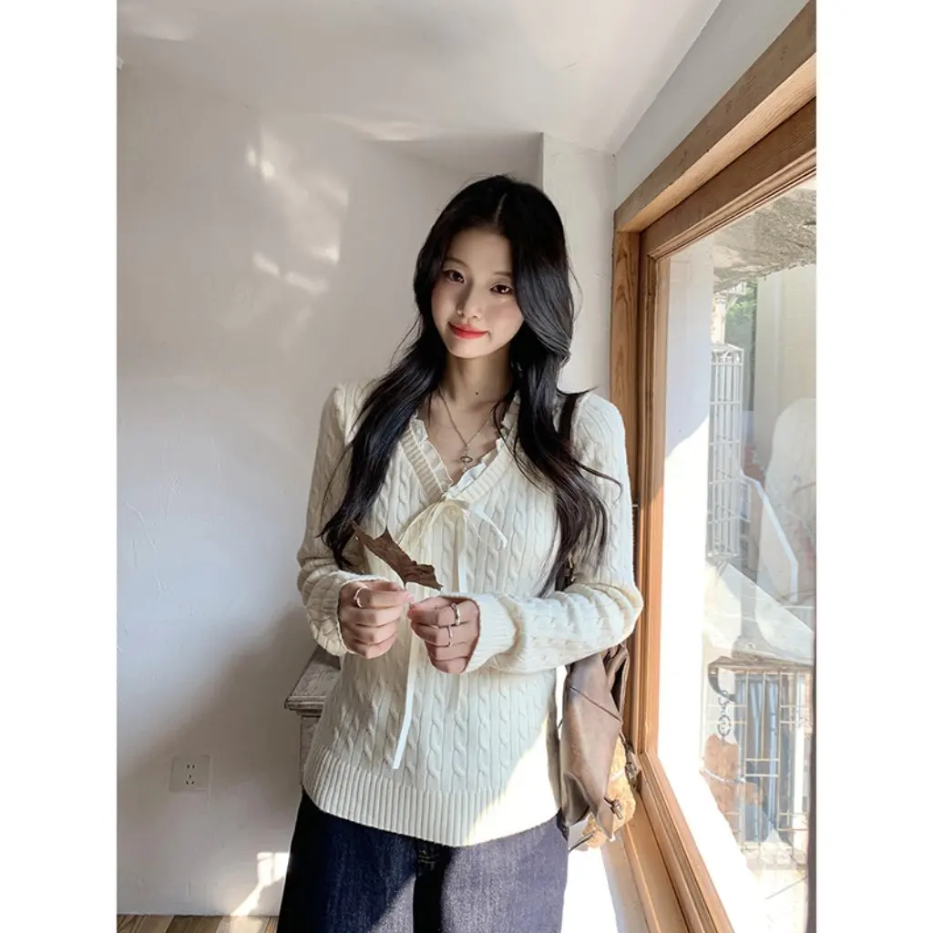 

Xiaoxian Nizi женский свитер в студенческом стиле, зимний вязаный топ с длинными рукавами и ушками, текстурированная атмосфера, маленькая мужская мода