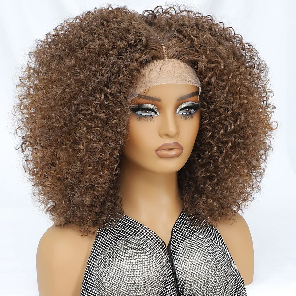 Synthetic Afro Short Kinky Curly Lace Wig For Black Women 14 Inch T Part Lace Front Wigs With Baby Hair Highlight Halloween Wigs - Image 4
