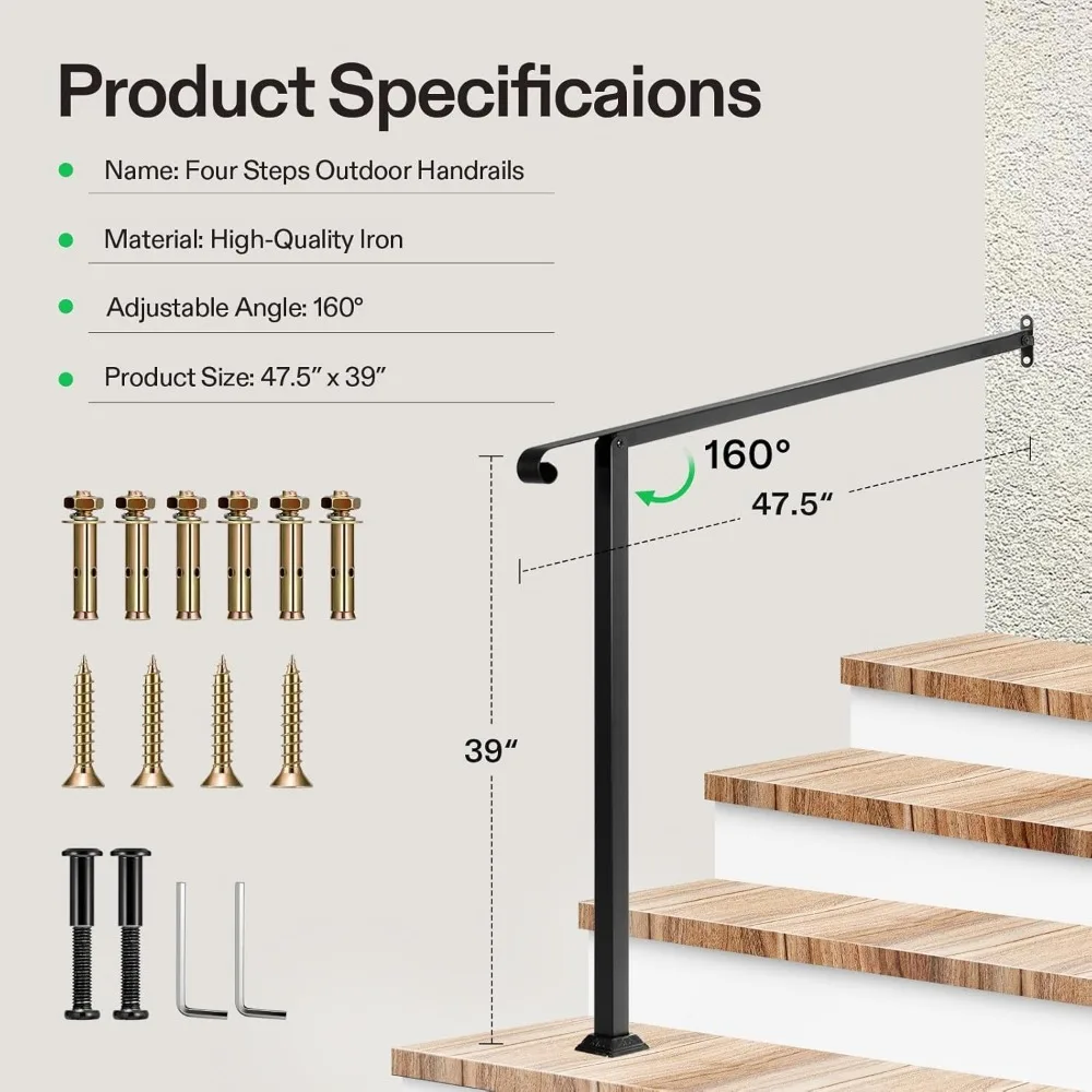 درابزين خارجي بأربعة خطوات للسلالم، 47.5 × 39، درابزين حديد غير لامع مع منحنى واحد، مناسب لخطوات 1-4 درج من الحديد المطاوع #2